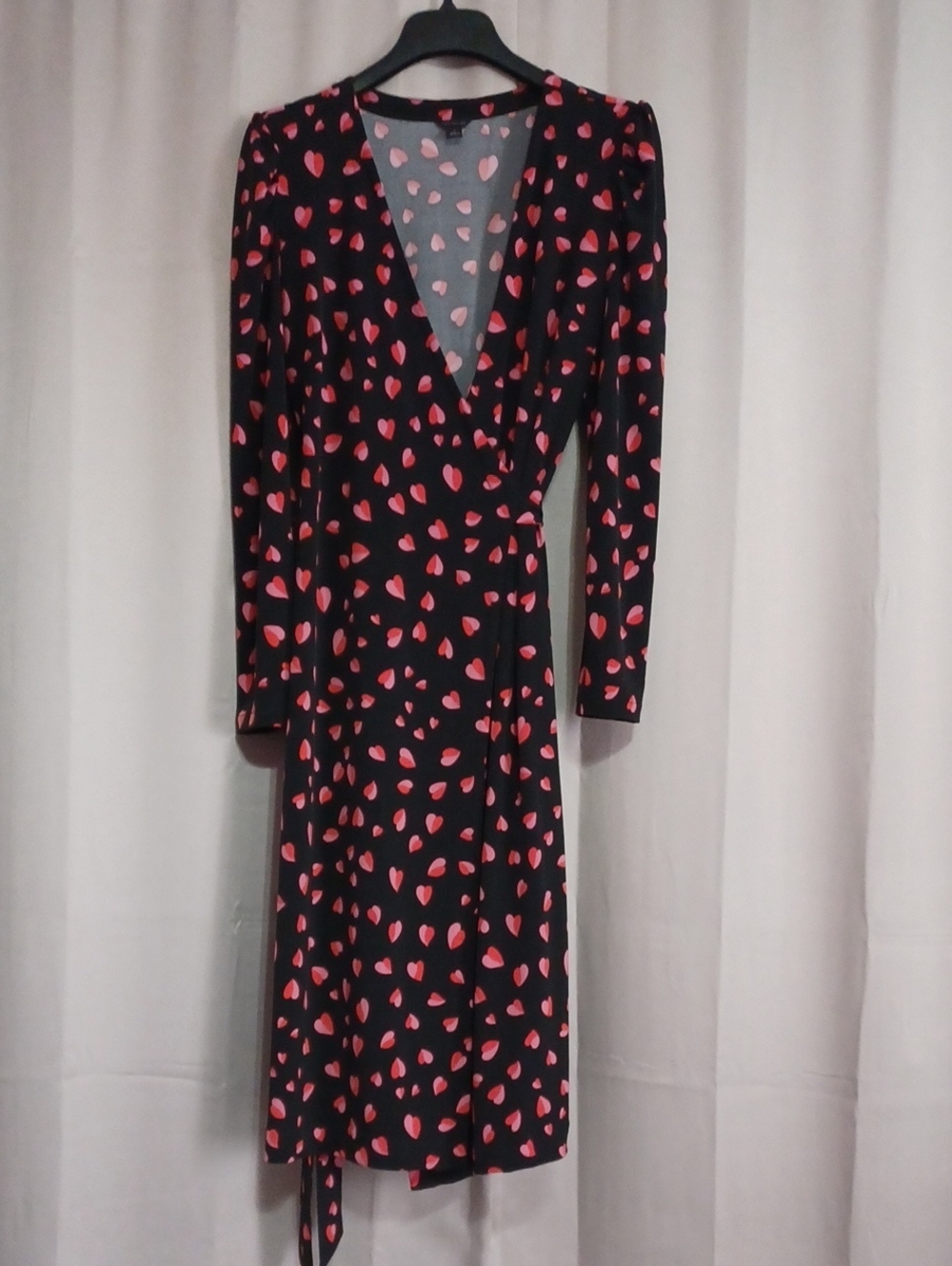 Ann Taylor Heart Print Knit Wrap Dress Long Sleeves Shirred Shoulders Stretch